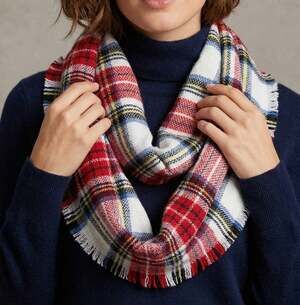 Ruggine Plaid Infinity Scarf with Fringe Red White Green Blue Yellow Acrylic